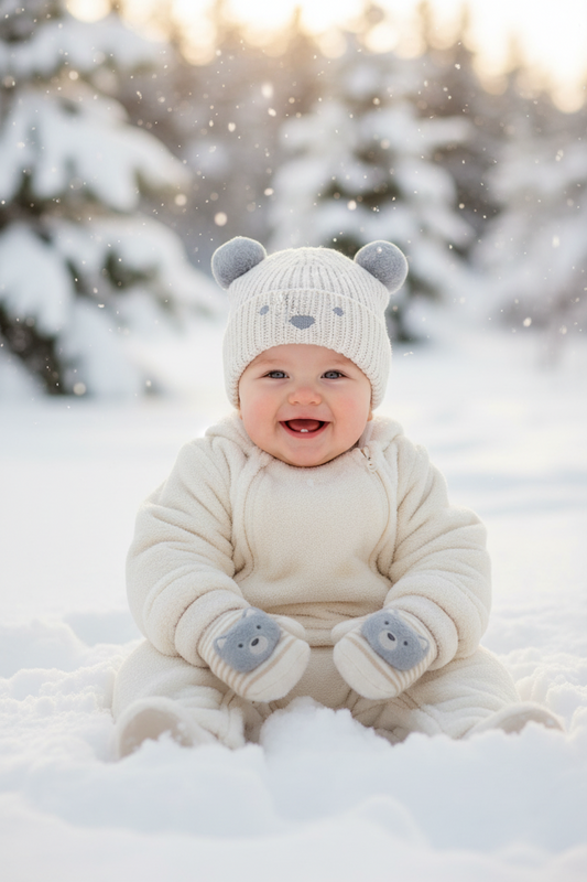 Baby in a snowsuit and bear hat sitting in the snow with trees in the background