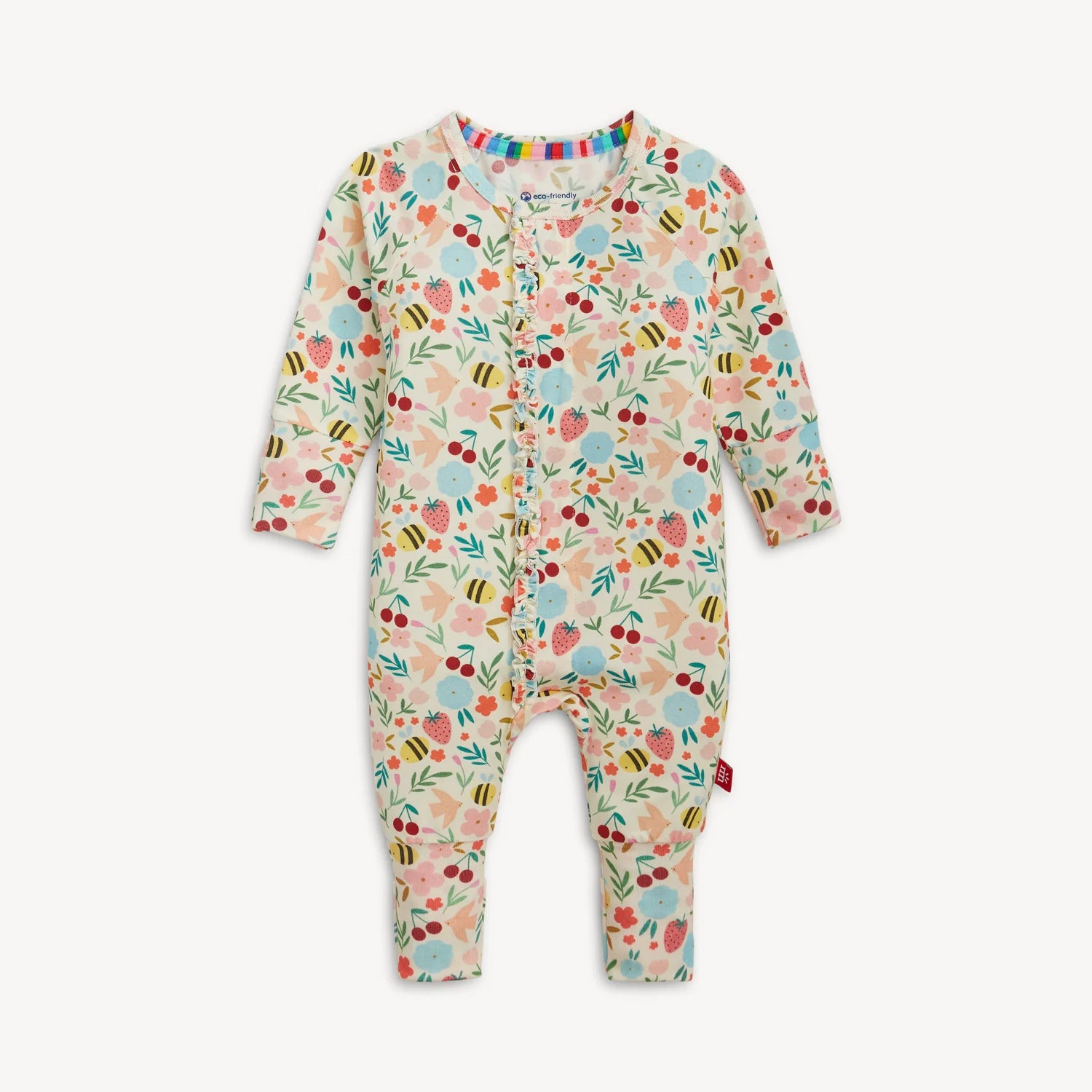 Floral patterned baby onesie on a plain background