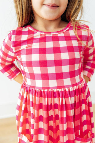 Hot Pink Gingham 3/4 Sleeve Pocket Twirl Dress - Sunny Meadow Boutique