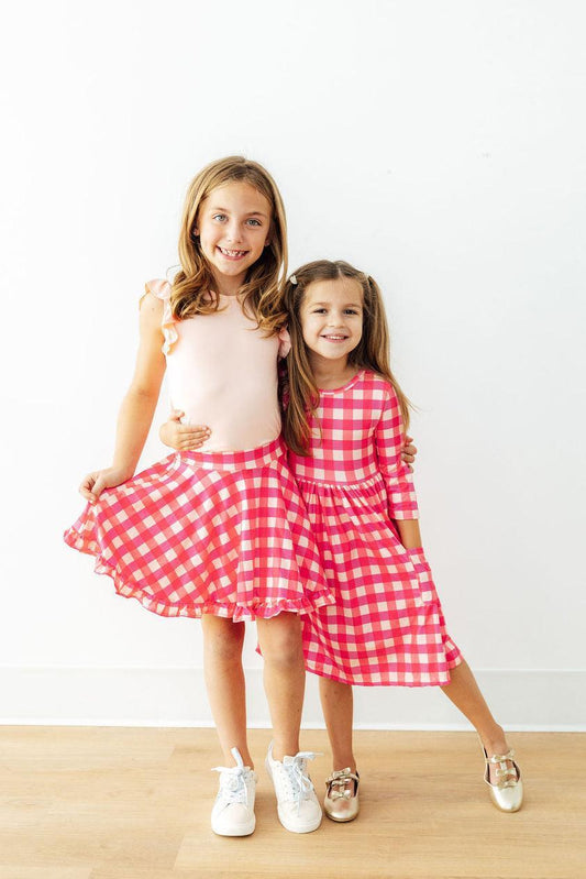 Hot Pink Gingham 3/4 Sleeve Pocket Twirl Dress - Sunny Meadow Boutique