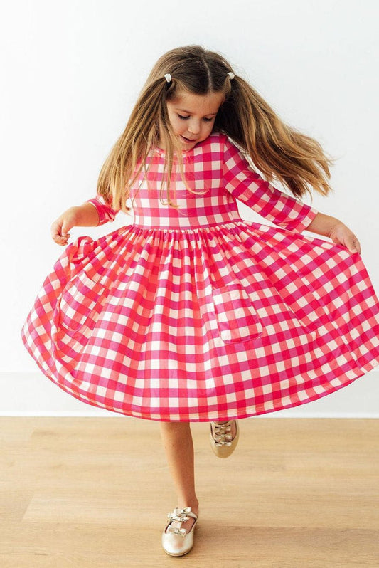 Hot Pink Gingham 3/4 Sleeve Pocket Twirl Dress - Sunny Meadow Boutique
