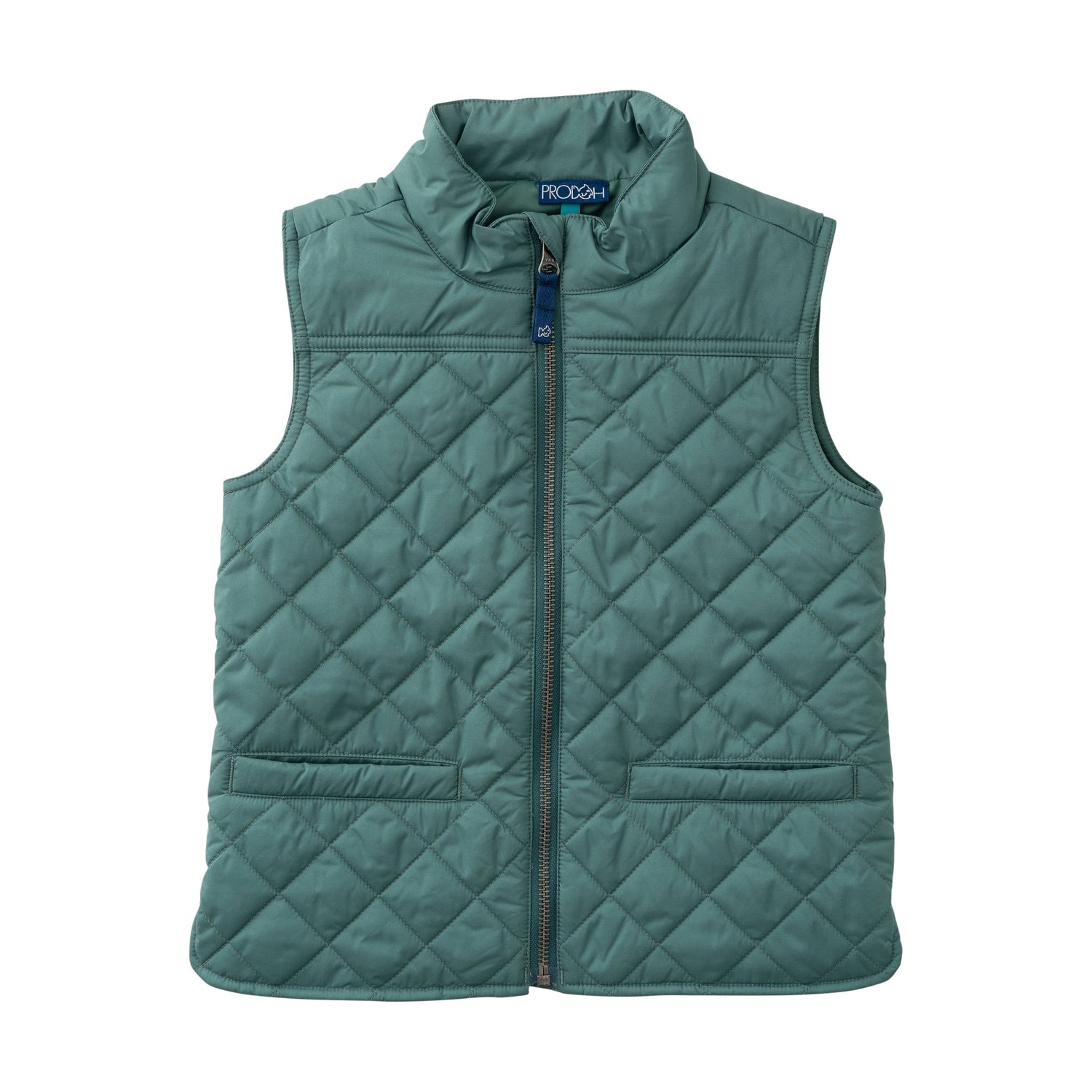 Green quilted vest on a white background