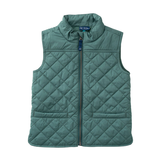 Green quilted vest on a white background