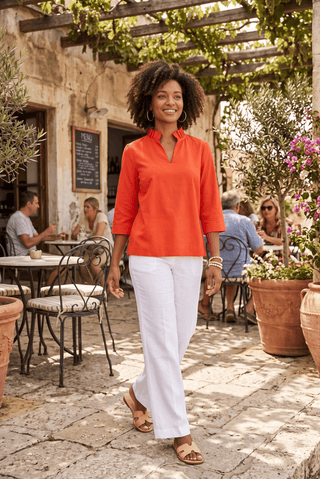 Jodifl Red Ruffle Collar Blouse | Elegant 3/4 Sleeve Split - Neck Top - Sunny Meadow Boutique