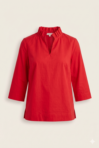 Jodifl Red Ruffle Collar Blouse | Elegant 3/4 Sleeve Split - Neck Top - Sunny Meadow Boutique