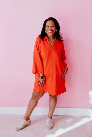 Jodifl Scalloped Hem Long Sleeve V - Neck Dress - Poppy Red - Sunny Meadow Boutique