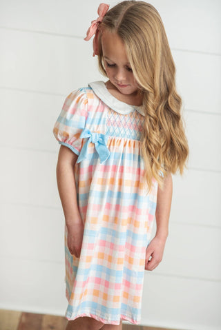 Kids Pastel Check Smocked Bow Back to School Dress - Sunny Meadow Boutique