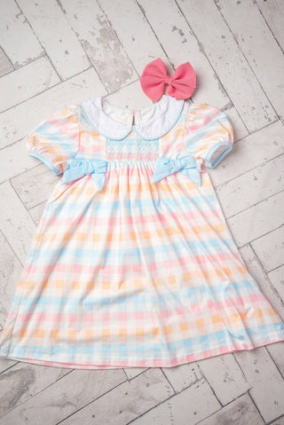 Kids Pastel Check Smocked Bow Back to School Dress - Sunny Meadow Boutique