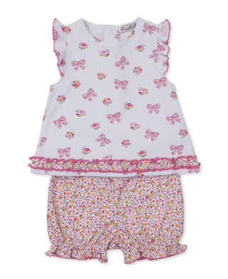 Baby outfit with floral top and bloomers on a white background