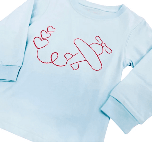 Long - Sleeve Light Blue Valentine Airplane T-Shirt - Sunny Meadow Boutique