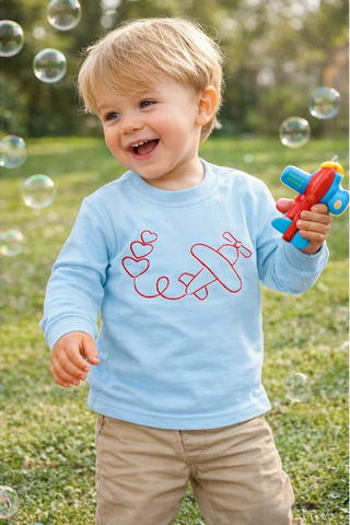 Long - Sleeve Light Blue Valentine Airplane T-Shirt - Sunny Meadow Boutique