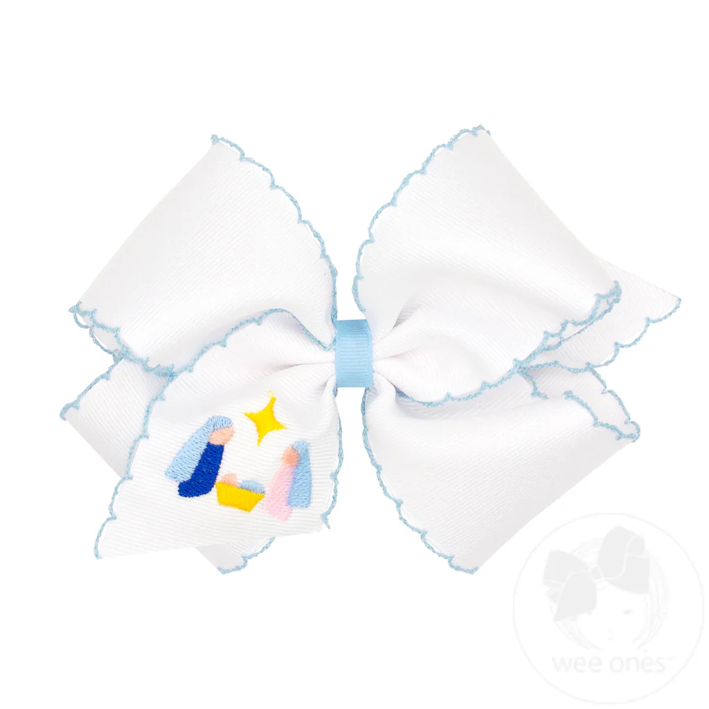 Medium Grosgrain Hair Bow with Moonstitched Edge and Nativity Embroidery