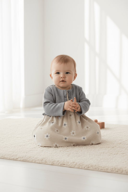 Mayoral Baby Girl Heather Grey & Oatmeal Floral Knit Faux Cardigan Dress - Sunny Meadow Boutique