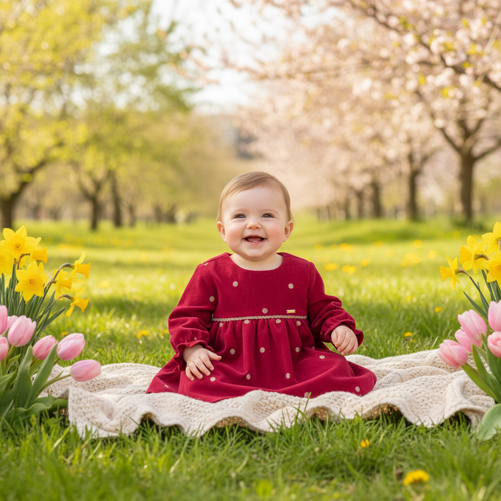 Mayoral Baby Girls Red Polka Dot Corduroy Fantasy Dress - Sunny Meadow Boutique