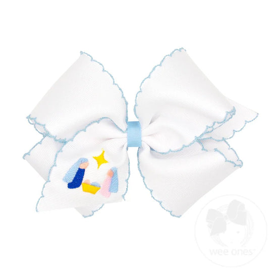 Medium Grosgrain Hair Bow with Moonstitched Edge and Nativity Embroidery - Sunny Meadow Boutique