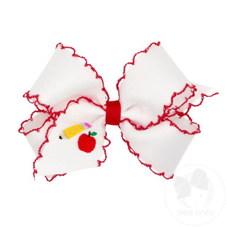 Medium Grosgrain Hair Bow with Red Moonstitch Edge and Pencil Embroidery - Sunny Meadow Boutique