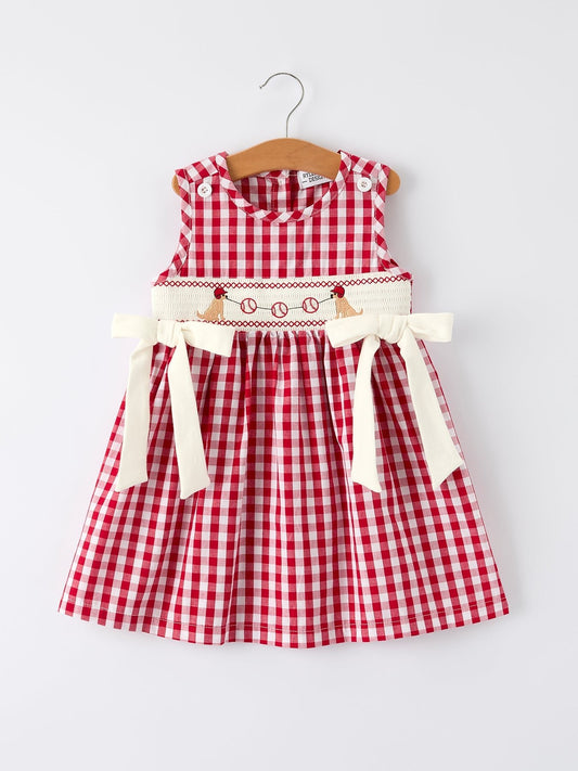 Mommy & Me Girl Dress – Dog Baseball Smocking Embroidery Outfit - Sunny Meadow Boutique