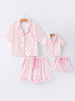 Mommy & Me Pink Bow Print Ruffle Pajama Set - Sunny Meadow Boutique