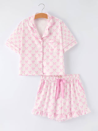 Mommy & Me Pink Bow Print Ruffle Pajama Set - Sunny Meadow Boutique