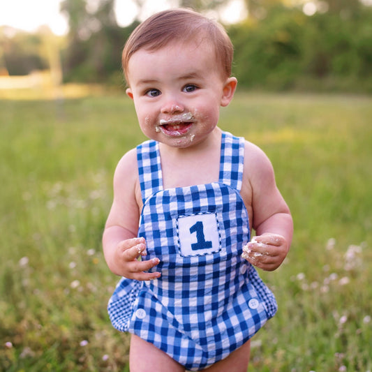 Navy Blue Smocked First Birthday Sunsuit - Sunny Meadow Boutique