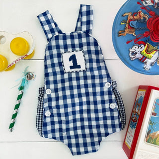 Navy Blue Smocked First Birthday Sunsuit - Sunny Meadow Boutique