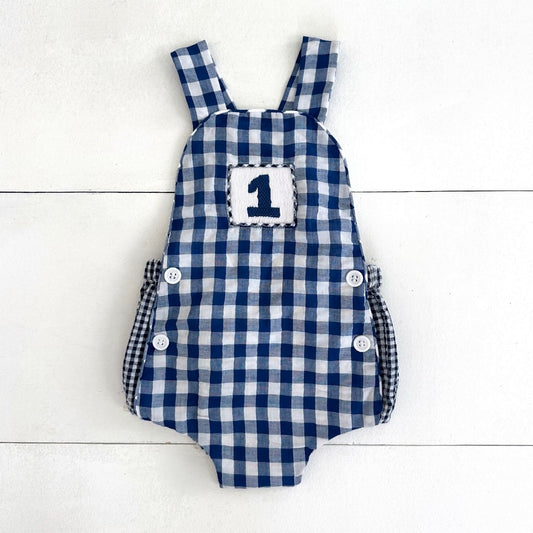 Navy Blue Smocked First Birthday Sunsuit - Sunny Meadow Boutique