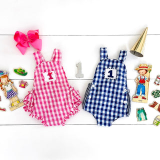 Navy Blue Smocked First Birthday Sunsuit - Sunny Meadow Boutique