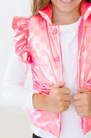 Neon Pink checker Iridescent Puffer Vest - Sunny Meadow Boutique