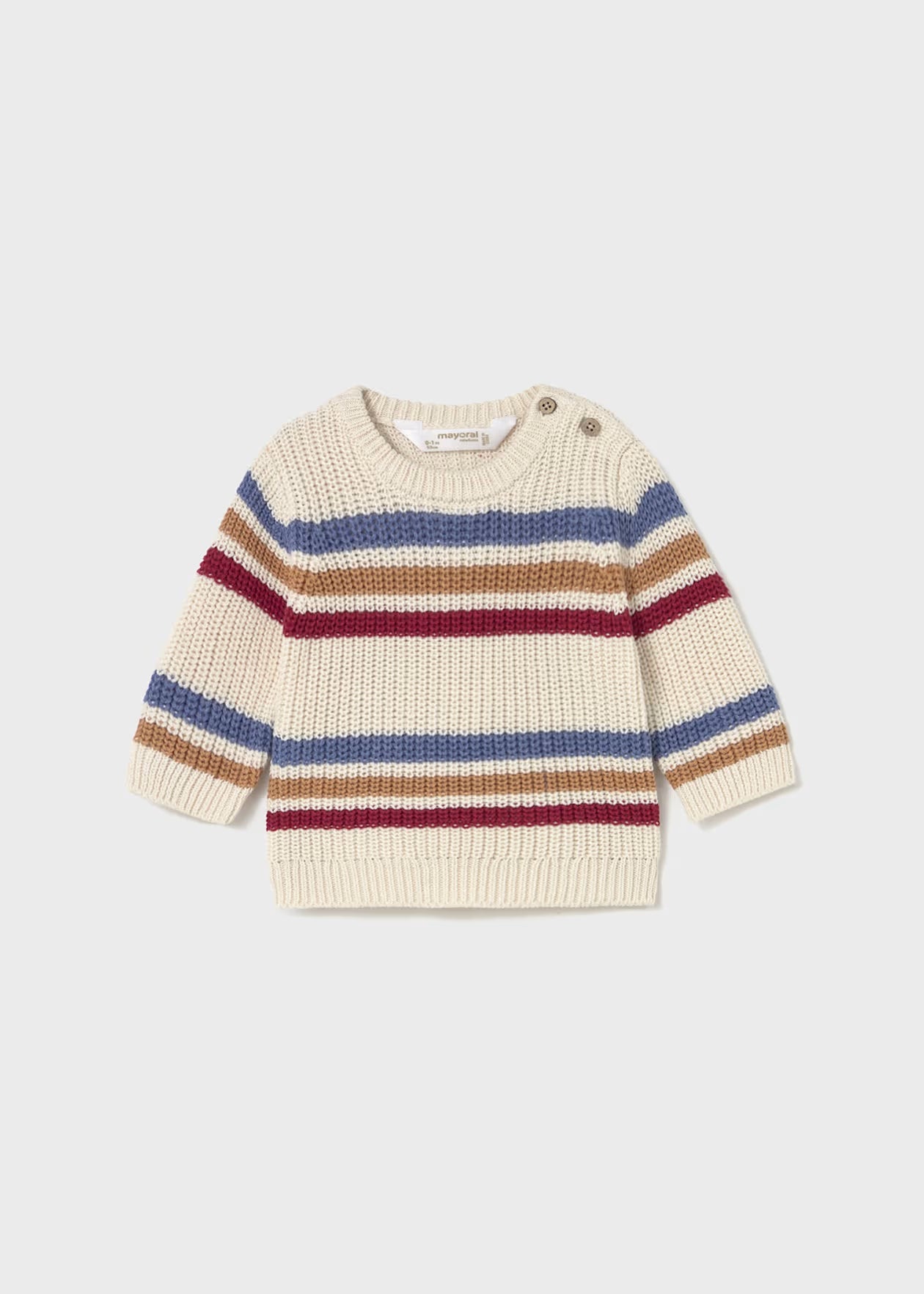 Knitted sweater with multicolor stripes on a light gray background