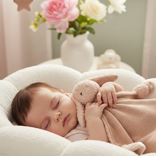 Baby sleeping on a white pillow with a pink bunny toy, surrounded by flowers and decorative items.
