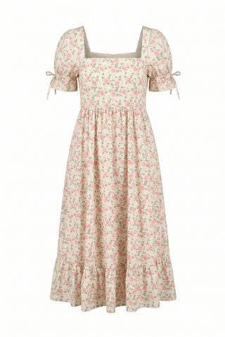 Peach Love Vintage Floral Smocked Midi Dress: Romantic Puff Sleeve Elegance - Sunny Meadow Boutique