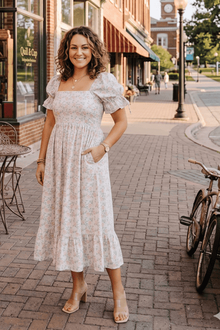 Peach Love Vintage Floral Smocked Midi Dress: Romantic Puff Sleeve Elegance - Sunny Meadow Boutique