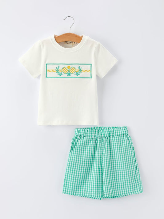 Pickle Ball Spring Gingham Embroidered Smocked Green Boys Shorts Set - Sunny Meadow Boutique