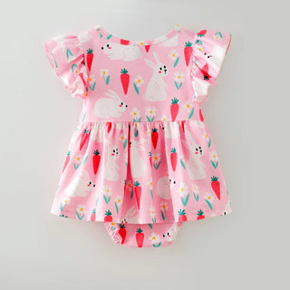 Pink Barn Kids Baby Girl Pink Bunny & Carrot Flutter Sleeve Dress Romper – Spring Easter Whimsy - Sunny Meadow Boutique
