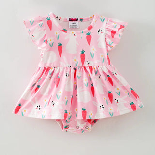 Pink Barn Kids Baby Girl Pink Bunny & Carrot Flutter Sleeve Dress Romper – Spring Easter Whimsy - Sunny Meadow Boutique