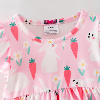 Pink Barn Kids Baby Girl Pink Bunny & Carrot Flutter Sleeve Dress Romper – Spring Easter Whimsy - Sunny Meadow Boutique