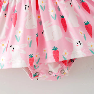 Pink Barn Kids Baby Girl Pink Bunny & Carrot Flutter Sleeve Dress Romper – Spring Easter Whimsy - Sunny Meadow Boutique