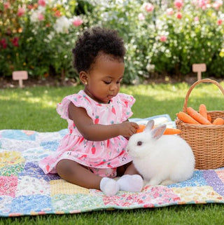Pink Barn Kids Baby Girl Pink Bunny & Carrot Flutter Sleeve Dress Romper – Spring Easter Whimsy - Sunny Meadow Boutique