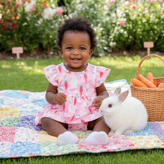 Pink Barn Kids Baby Girl Pink Bunny & Carrot Flutter Sleeve Dress Romper – Spring Easter Whimsy - Sunny Meadow Boutique