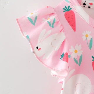 Pink Barn Kids Baby Girl Pink Bunny & Carrot Flutter Sleeve Dress Romper – Spring Easter Whimsy - Sunny Meadow Boutique