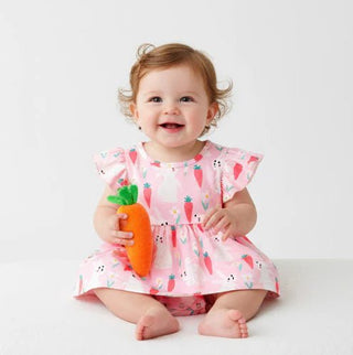 Pink Barn Kids Baby Girl Pink Bunny & Carrot Flutter Sleeve Dress Romper – Spring Easter Whimsy - Sunny Meadow Boutique