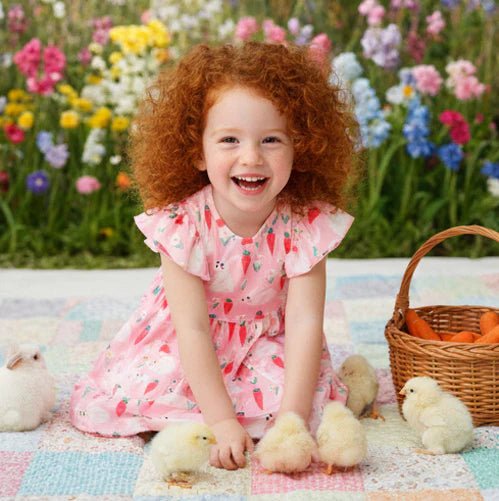 Pink Barn Kids Toddler Girl Pink Bunny & Carrot Flutter Sleeve Pocket Dress – Whimsical Easter Spring Style - Sunny Meadow Boutique