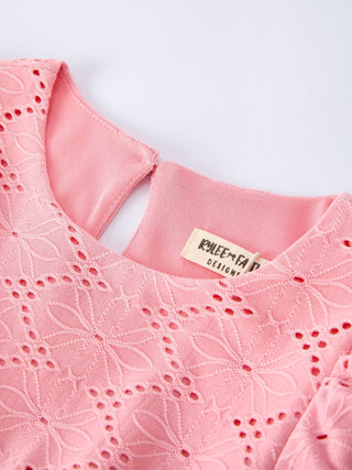 Pink Eyelet Embroidered Girl Short Sleeve Dress - Sunny Meadow Boutique
