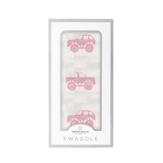 Pink Monster Trucks Bamboo Muslin Swaddle - Sunny Meadow Boutique