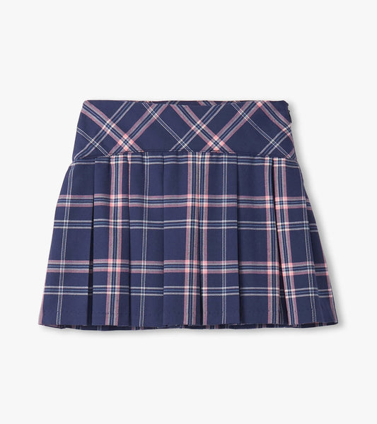 Plaid skirt with blue and pink pattern on a white background