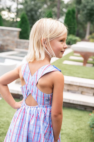 PRODOH Girls' Patriotic Plaid Crisscross Back Dress – UPF 50+ Sun Protection - Sunny Meadow Boutique