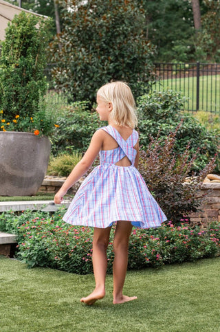 PRODOH Girls' Patriotic Plaid Crisscross Back Dress – UPF 50+ Sun Protection - Sunny Meadow Boutique
