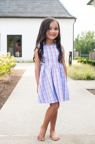 PRODOH Girls' Patriotic Plaid Crisscross Back Dress – UPF 50+ Sun Protection - Sunny Meadow Boutique
