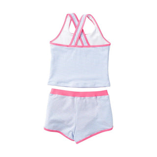 PRODOH Girls' Seaside Tankini Set – Blue Seersucker with Pink Trim - Sunny Meadow Boutique