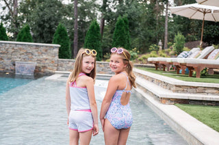 PRODOH Girls' Seaside Tankini Set – Blue Seersucker with Pink Trim - Sunny Meadow Boutique